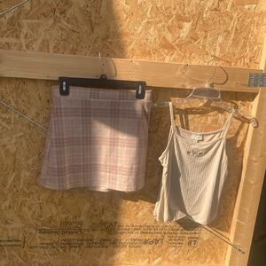 3 piece Plaid Pink Skirt, tank top, and sweater